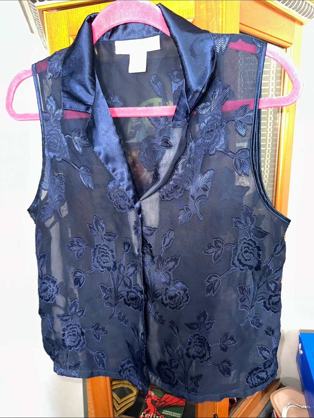 Oscar de la Renta Navy Floral Sheer Satin-Trim Sleeveless Blouse